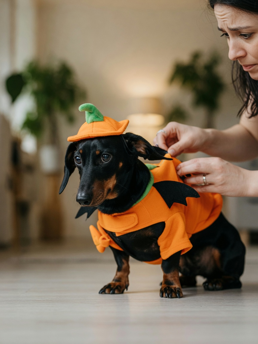 Stressed dachshund in Halloween costume showing signs of distress with flattened ears and tucked tail