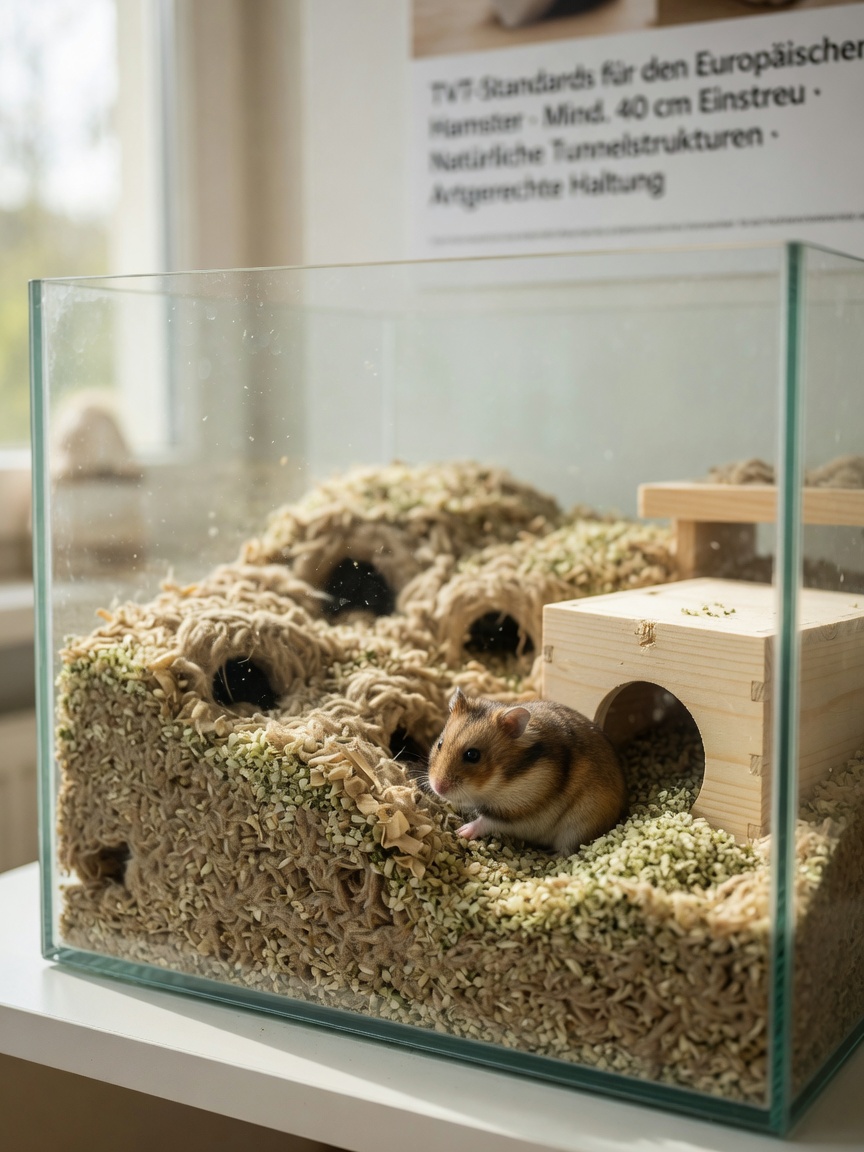 A spacious glass terrarium filled with deep bedding showing natural burrows and enrichment, representing proper European hamster housing standards