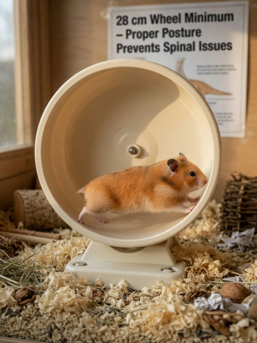 A Syrian hamster running on a correctly-sized solid exercise wheel with proper straight-back posture in a naturalistic bedded enclosure