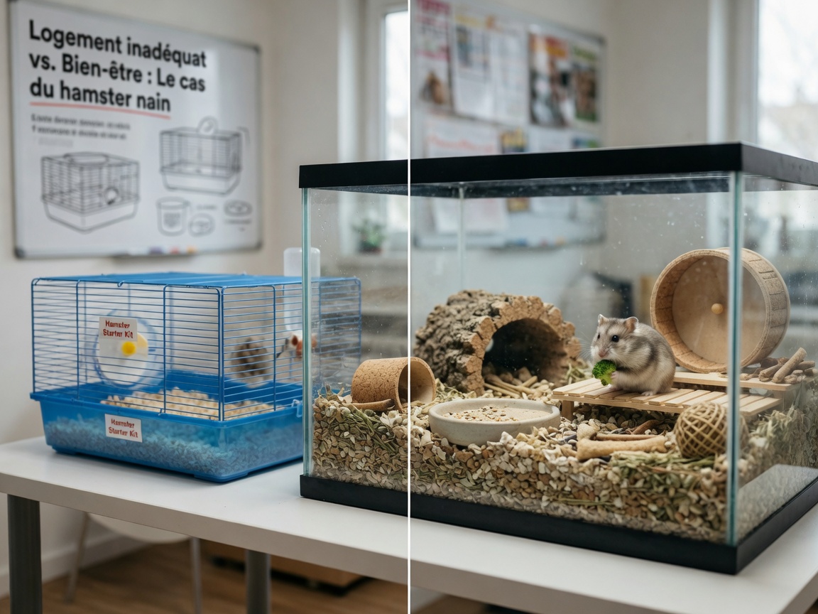 Comparison of inadequate small hamster cage versus spacious proper housing setup
