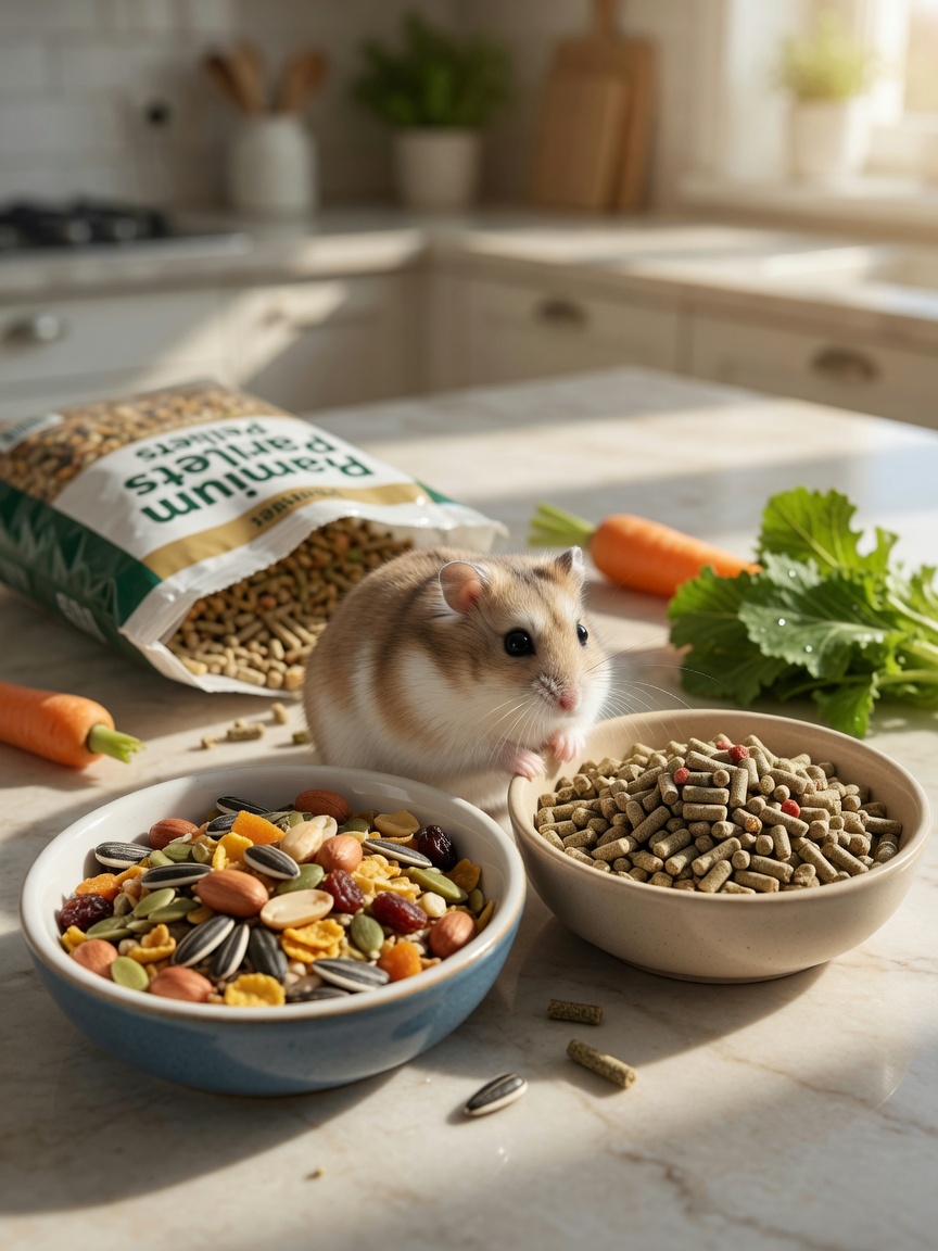 Dwarf hamster with commercial seed mix and healthy pellet-based diet options displayed side by side