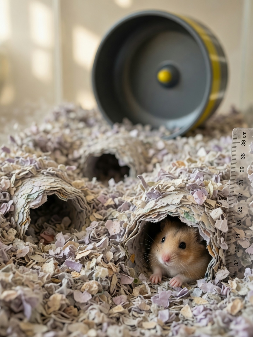 Hamster burrow tunnel system in deep paper-based bedding substrate showing natural burrowing behaviour