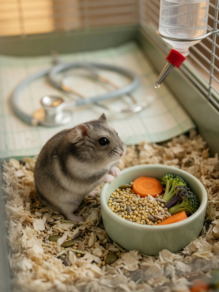 Campbell's dwarf hamster with healthy diet of seeds and vegetables in clean enclosure setup
