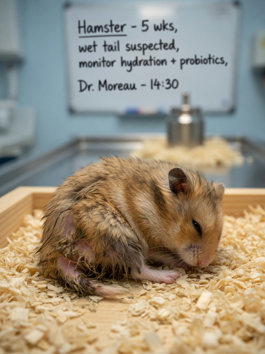 Young hamster showing signs of wet tail with soiled fur and hunched posture