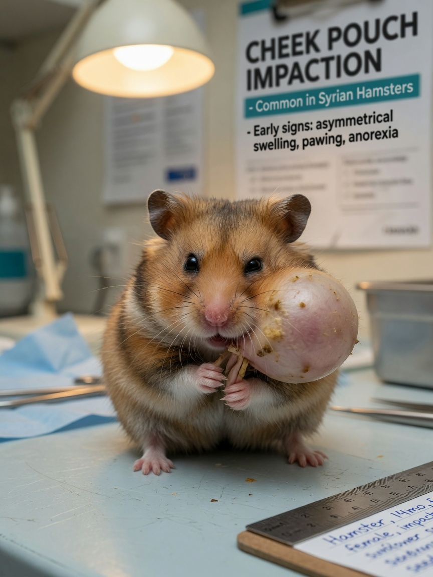 Syrian hamster with noticeably impacted and swollen cheek pouches