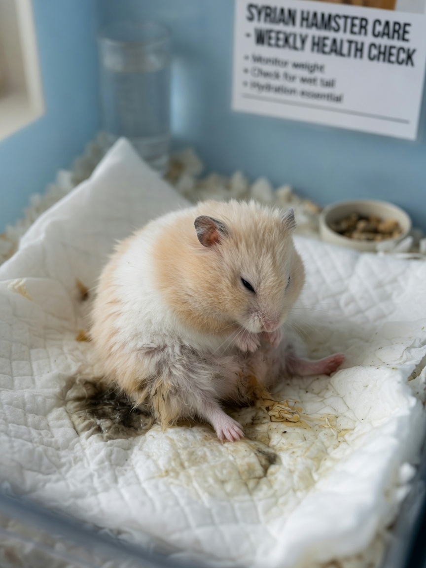 Junger Syrischer Hamster mit nassem Schwanz zeigt Durchfall und gekrümmte Körperhaltung auf der Einstreu