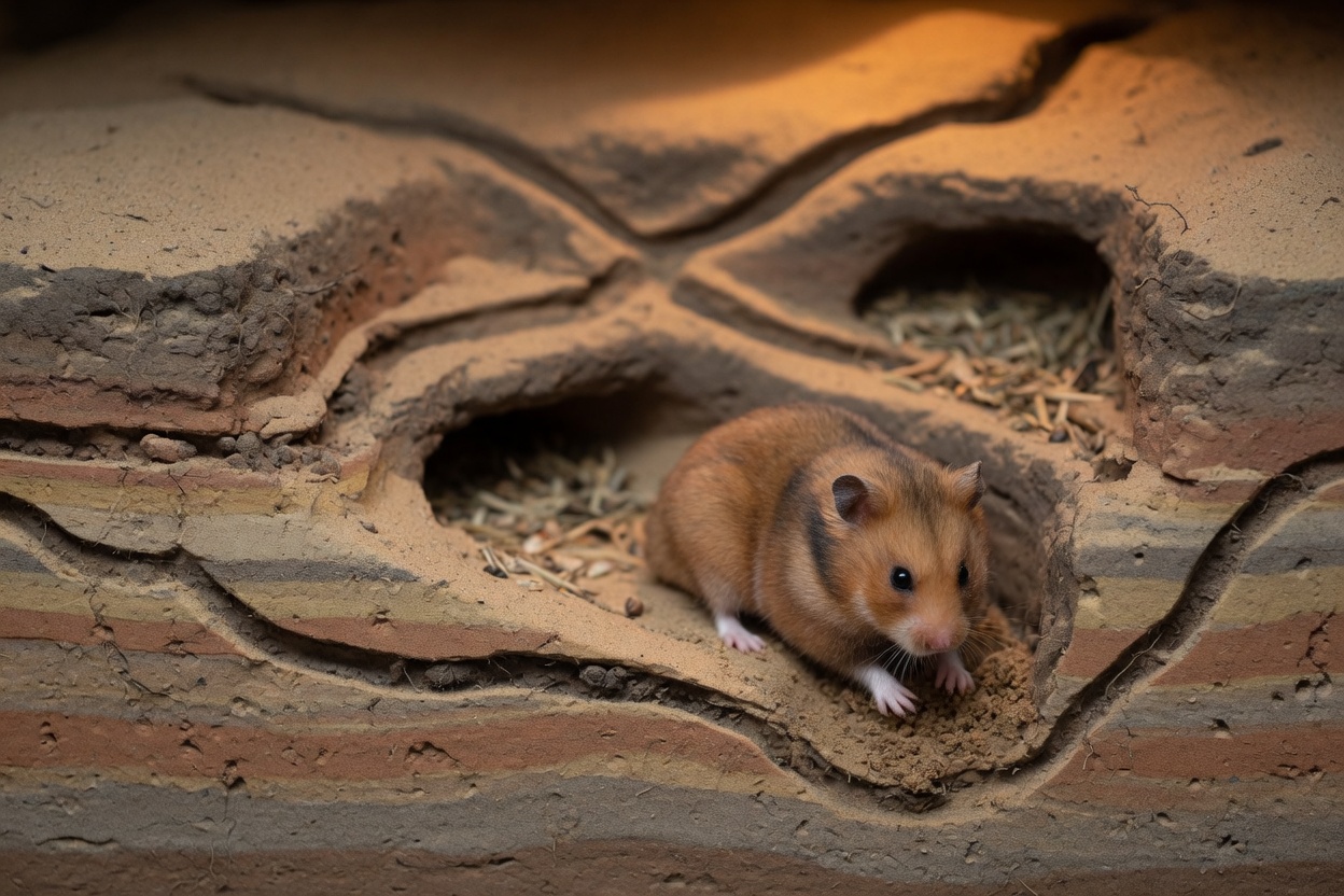 A golden-brown Syrian hamster in its natural underground burrow system with tunnel networks visible.