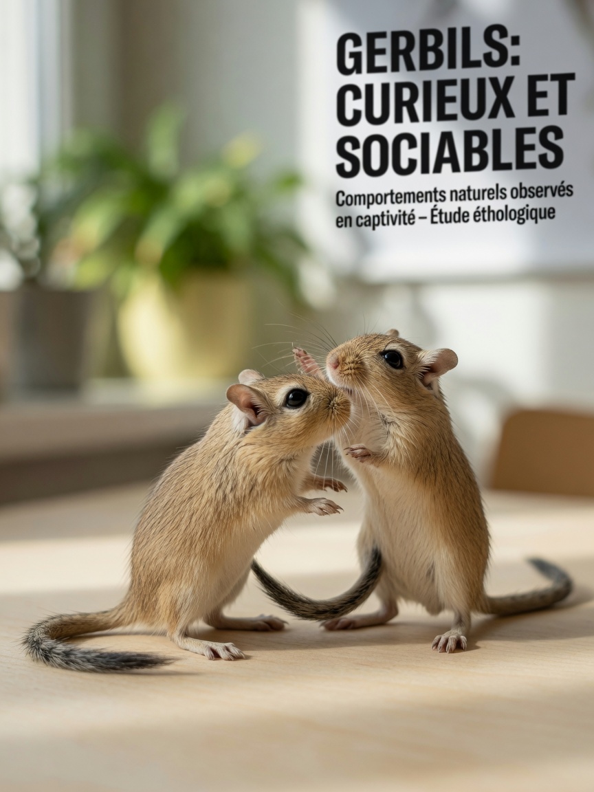 Two tan Mongolian gerbils interacting socially together, displaying curious and engaged behaviour.