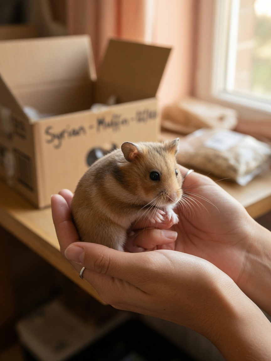 Young Syrian hamster being held during rehoming showing nervous body language and stress response