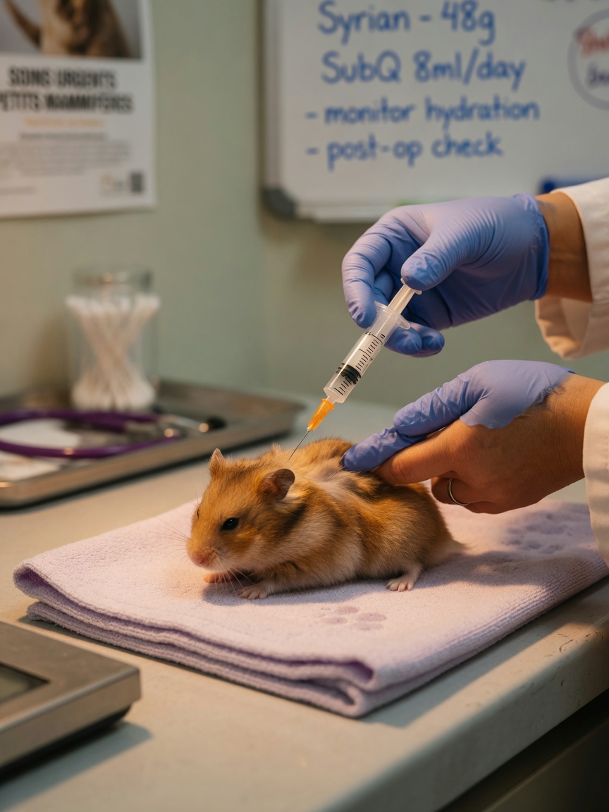 Veterinarian administering emergency subcutaneous fluid treatment to sick Syrian hamster on examination table