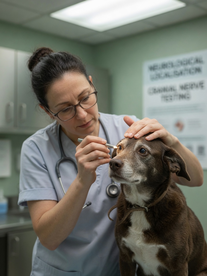 Veterinarian performing a detailed neurological examination on a dog