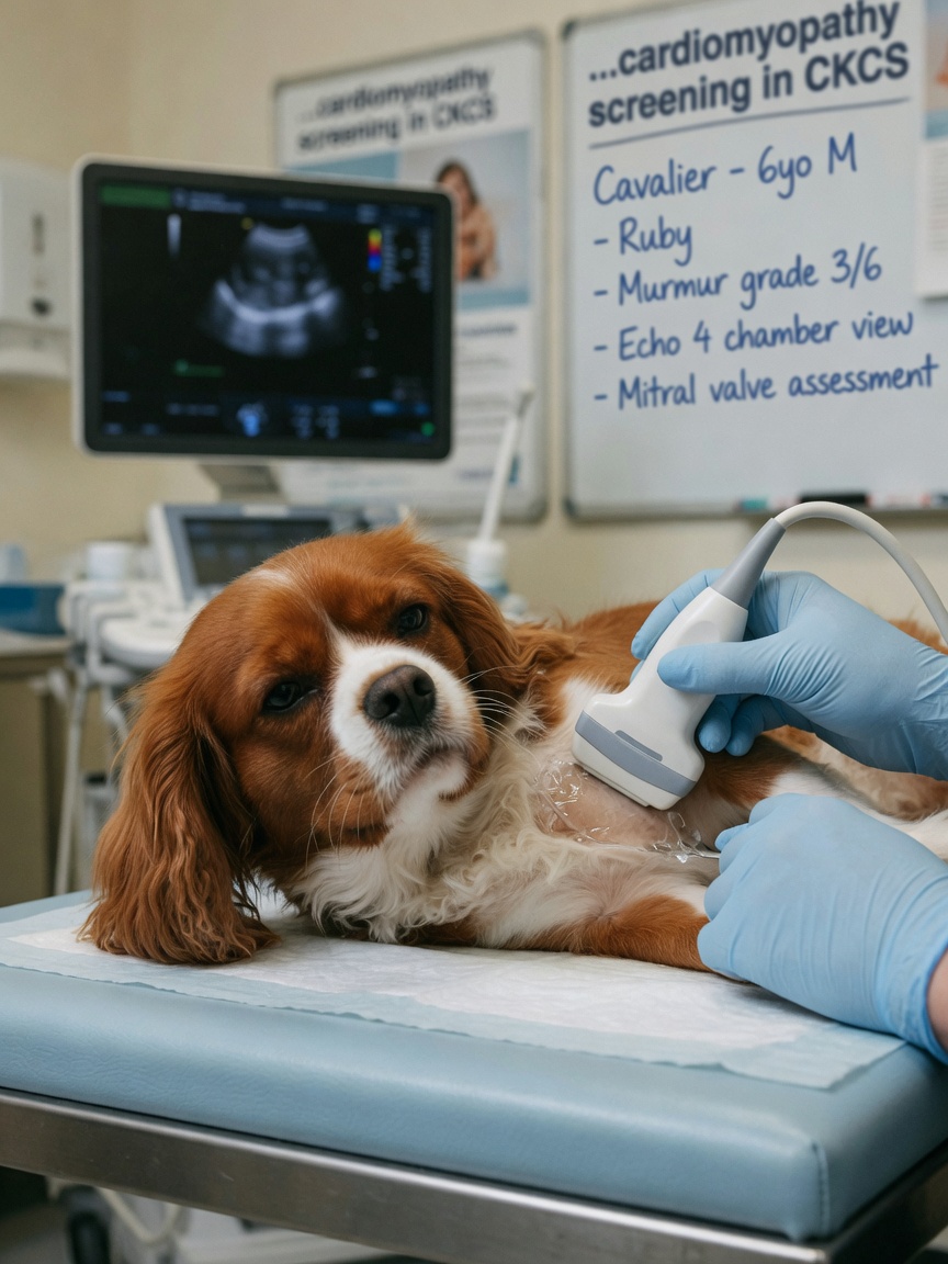 Veterinary cardiologist performing echocardiography ultrasound on Cavalier King Charles Spaniel's heart