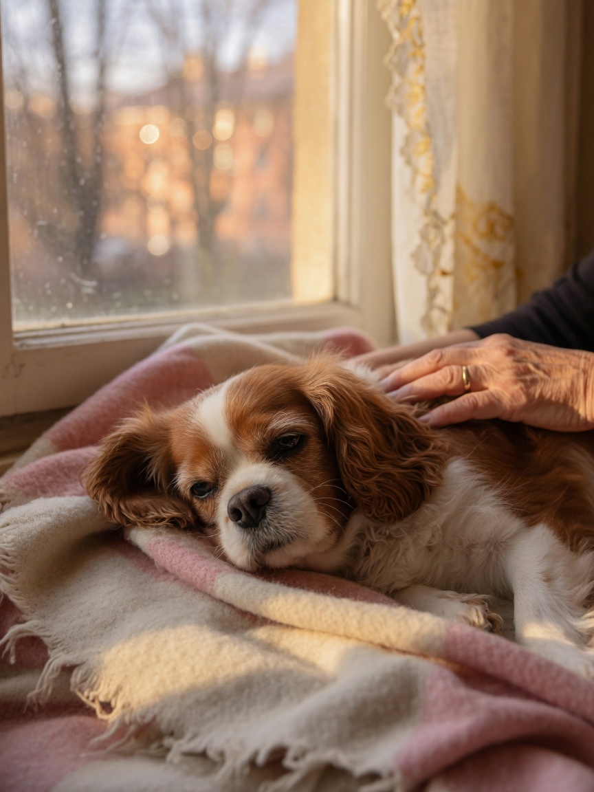 Elderly Cavalier King Charles Spaniel resting peacefully on blanket with owner's gentle hand nearby