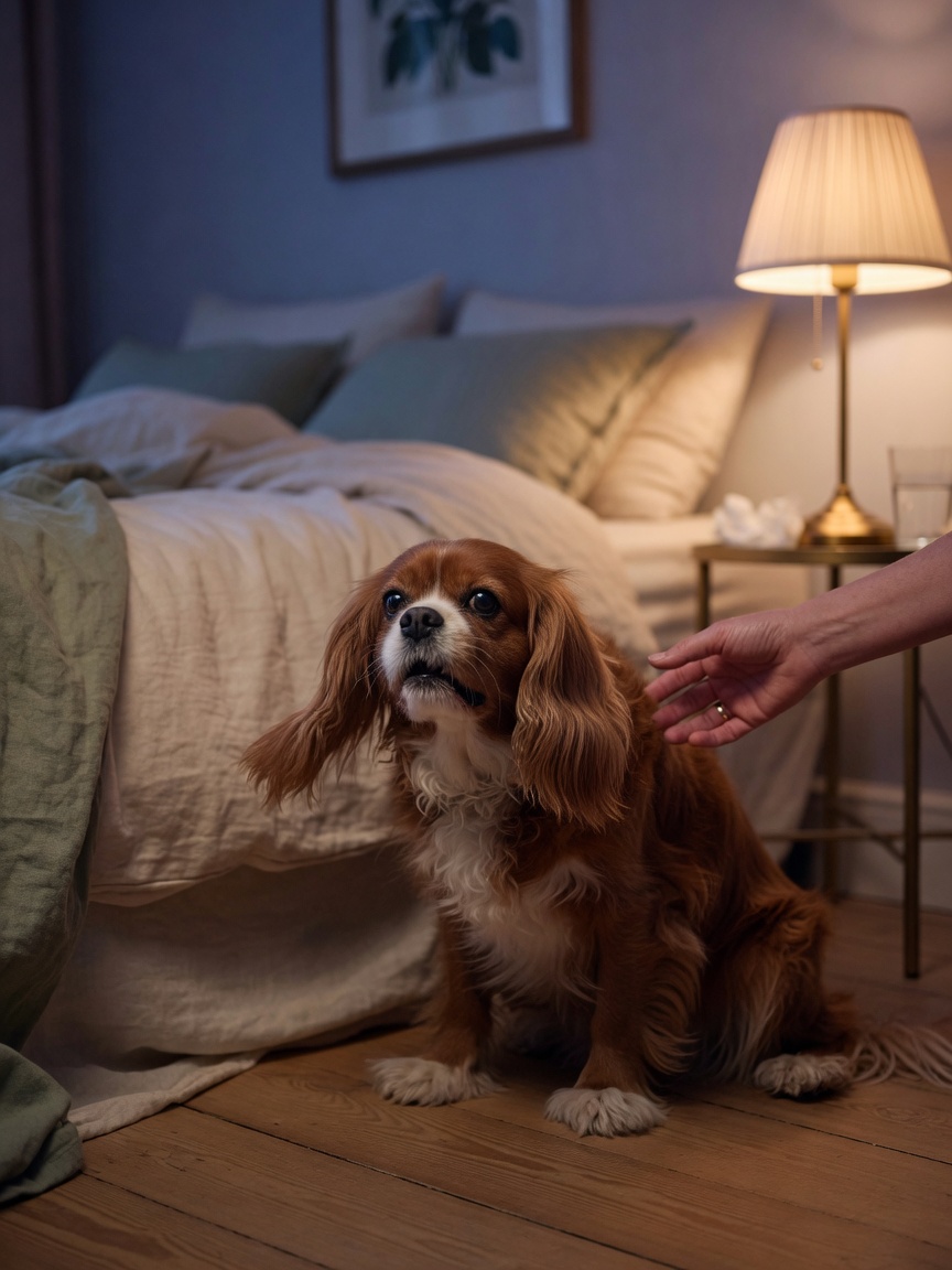 Senior Cavalier King Charles Spaniel coughing at night, showing early signs of heart disease