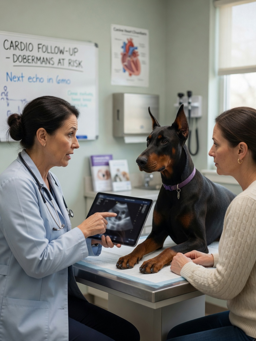 Veterinarian showing echocardiogram results to dog owner during heart disease staging consultation