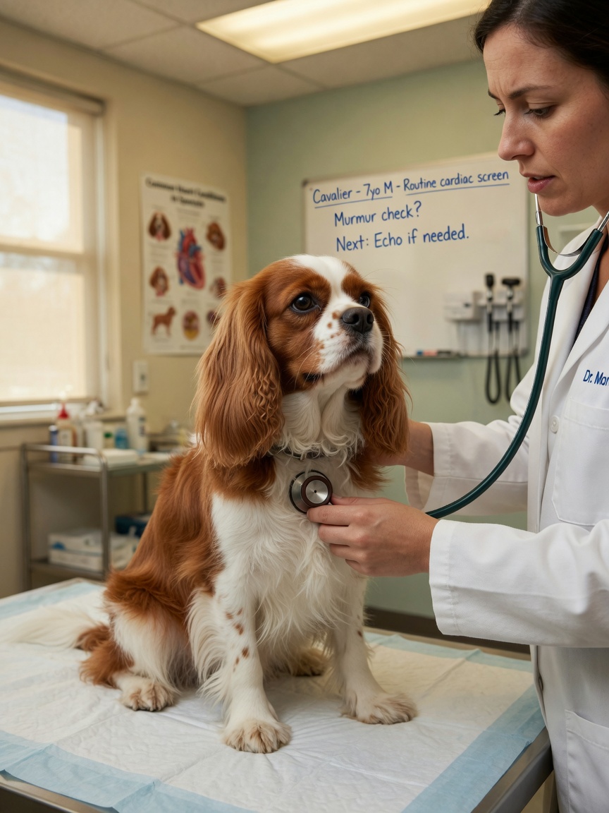 Cavalier King Charles Spaniel being examined by veterinarian with stethoscope for mitral valve disease detection