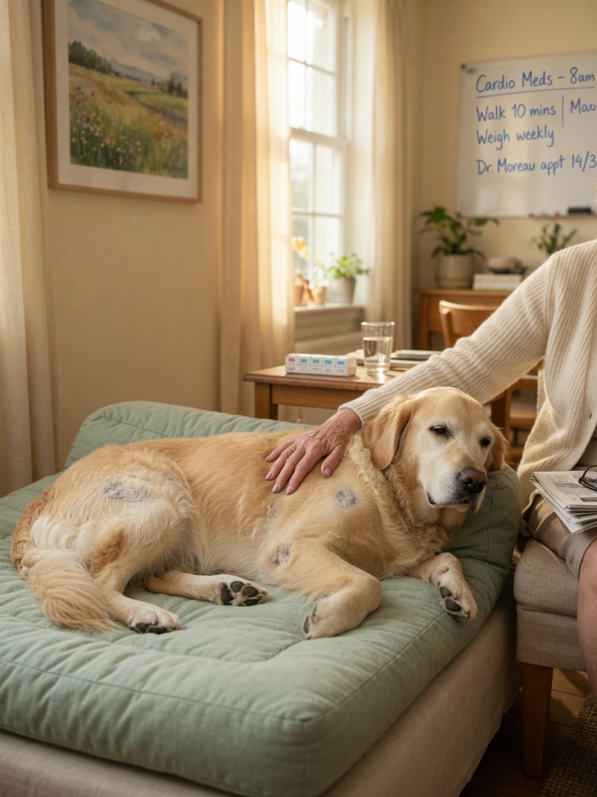Elderly dog resting peacefully at home with owner's gentle hand providing comfort during long-term cardiac care