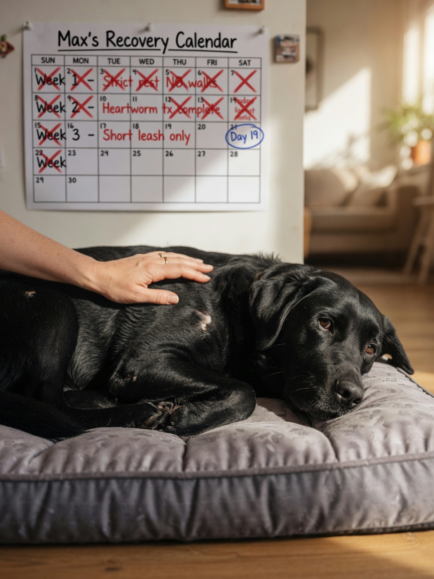 Black Lab resting during heartworm treatment recovery period