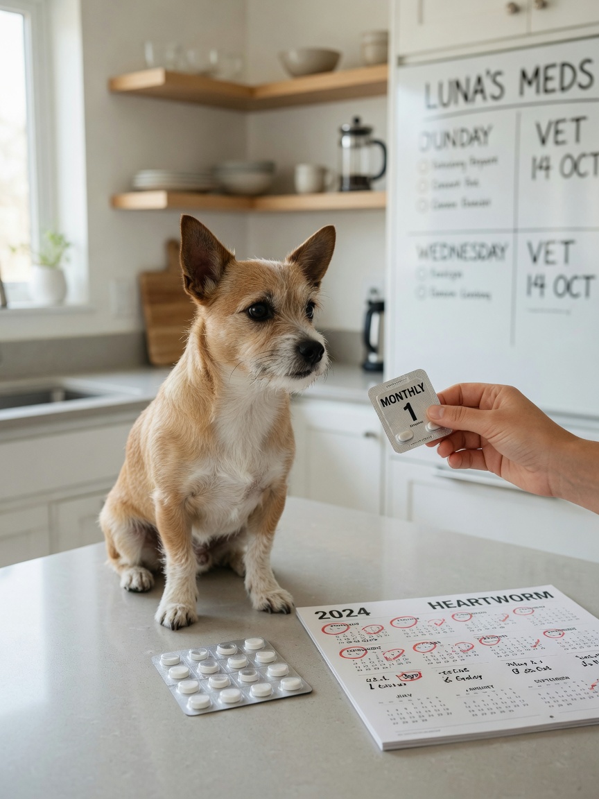 Small dog with monthly heartworm prevention tablets displayed