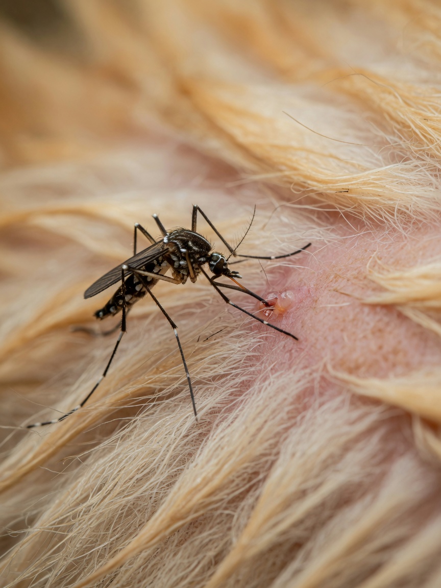 Macro photograph of a mosquito feeding on a dog's skin, showing parasite transmission