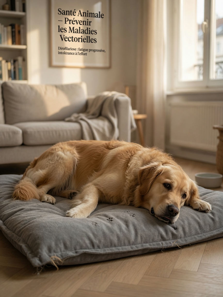 A tired golden retriever resting on a bed displaying signs of exercise intolerance and lethargy