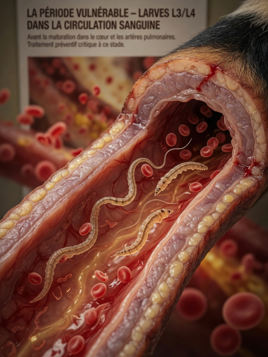 Microscopic visualization of heartworm larvae in dog bloodstream during the preventable larval stage