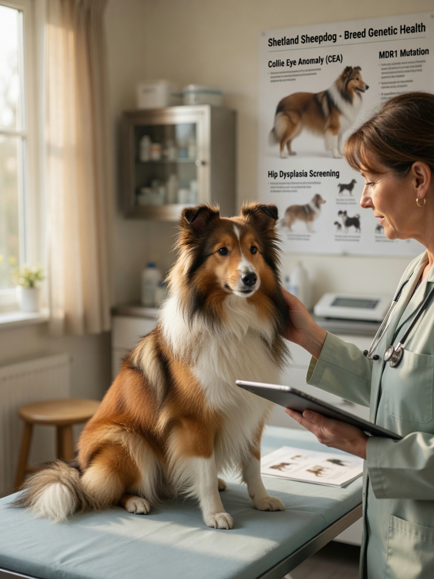 Shetland Sheepdog receiving veterinary consultation about breed-specific heartworm prevention genetic considerations