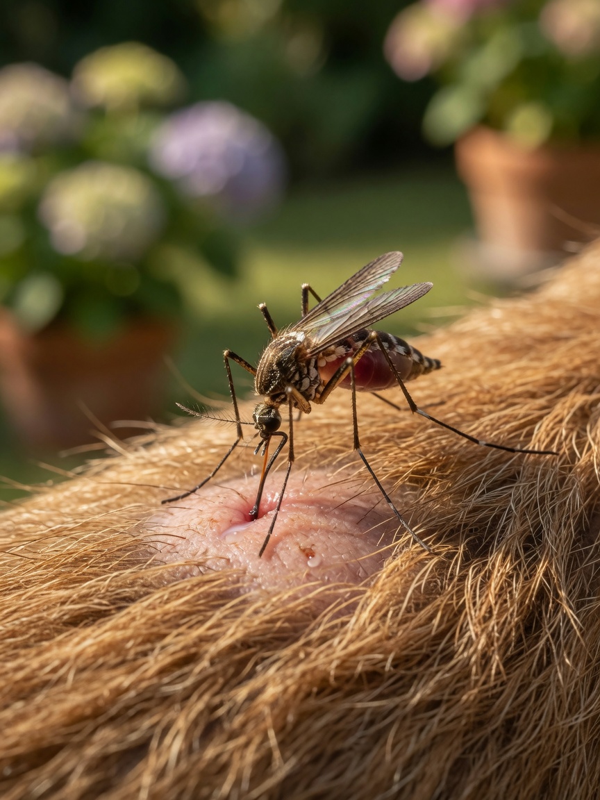 Macro photograph of a mosquito feeding on a dog's skin, illustrating heartworm transmission method