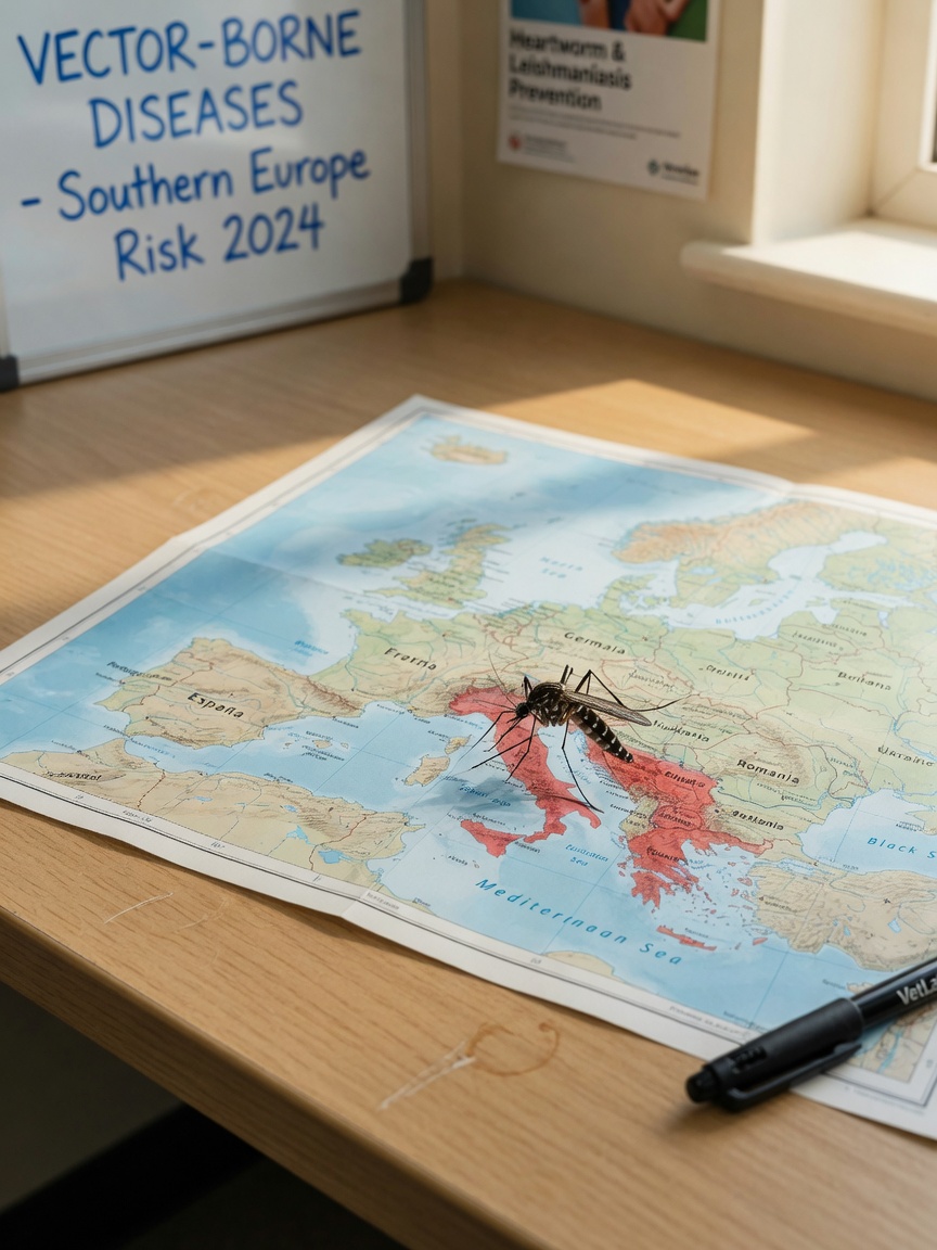 European map showing endemic heartworm regions in southern Europe with a mosquito specimen in focus
