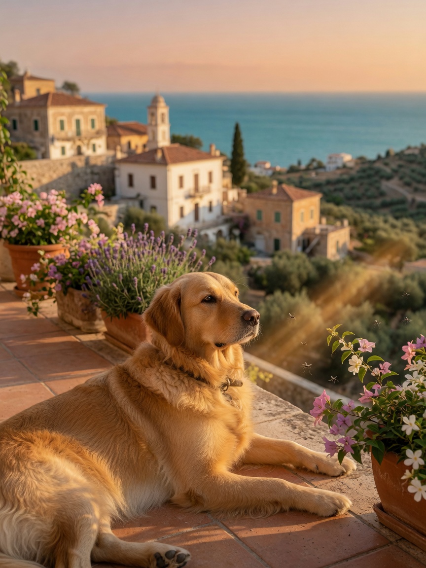 Golden retriever on a Mediterranean terrace with mosquitoes visible in the warm evening light, representing heartworm endemic areas in Southern Europe