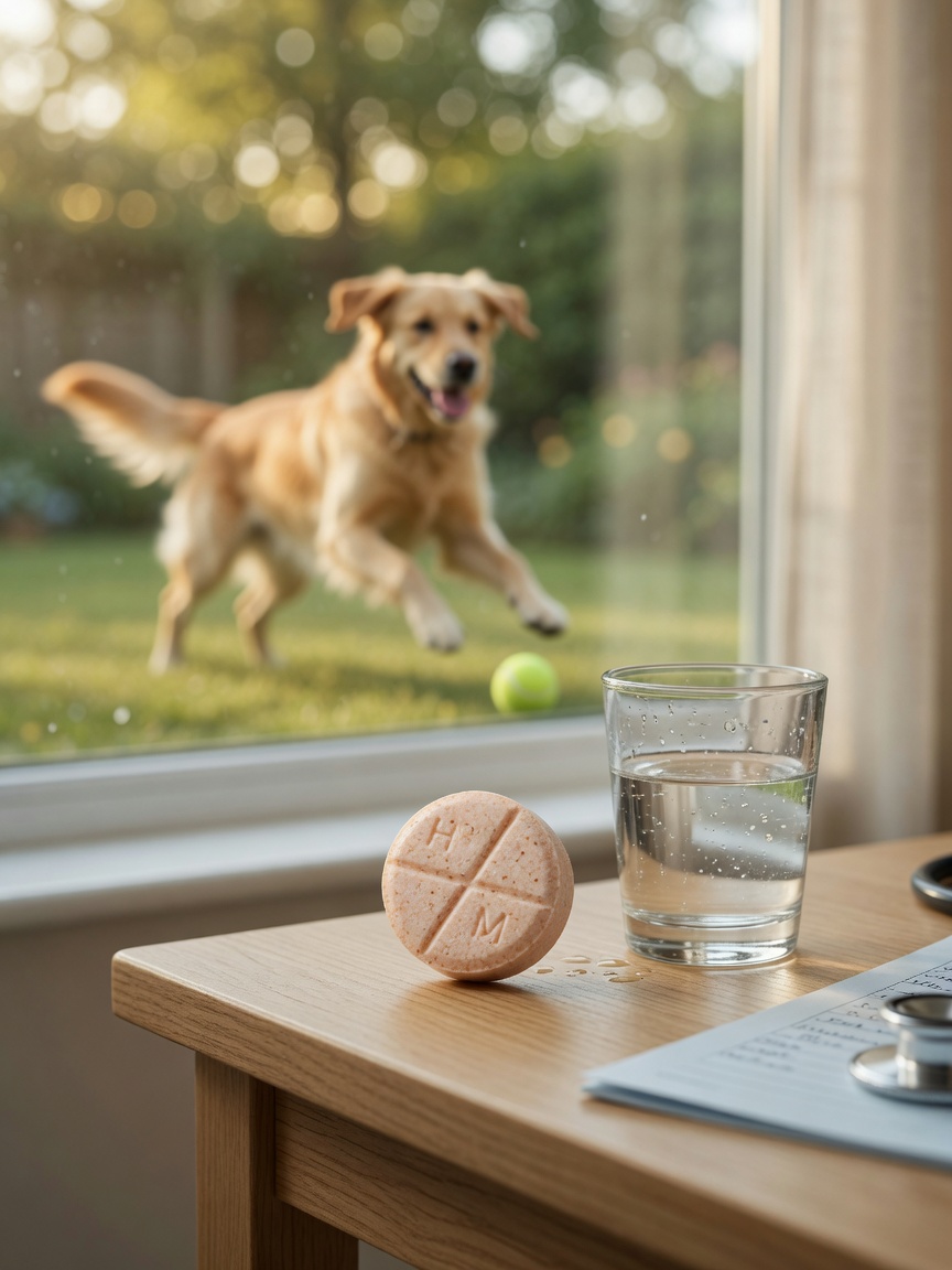 A heartworm prevention tablet displayed next to a water glass with a healthy dog playing outdoors visible in the background, emphasizing the simplicity of prevention