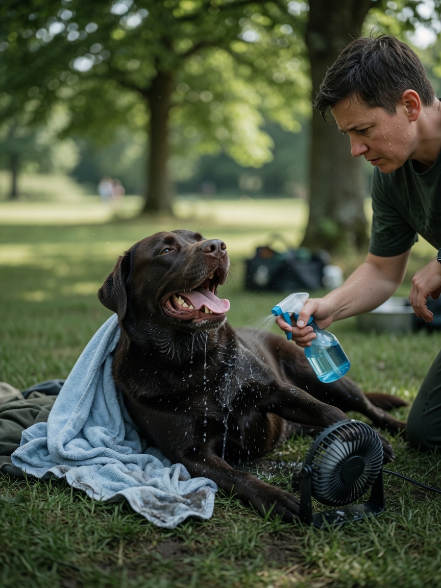 Führer kühlt schnell einen überhitzten Arbeit-Labrador mit kühlem Wasser und Ventilator an schattigem Geländeort