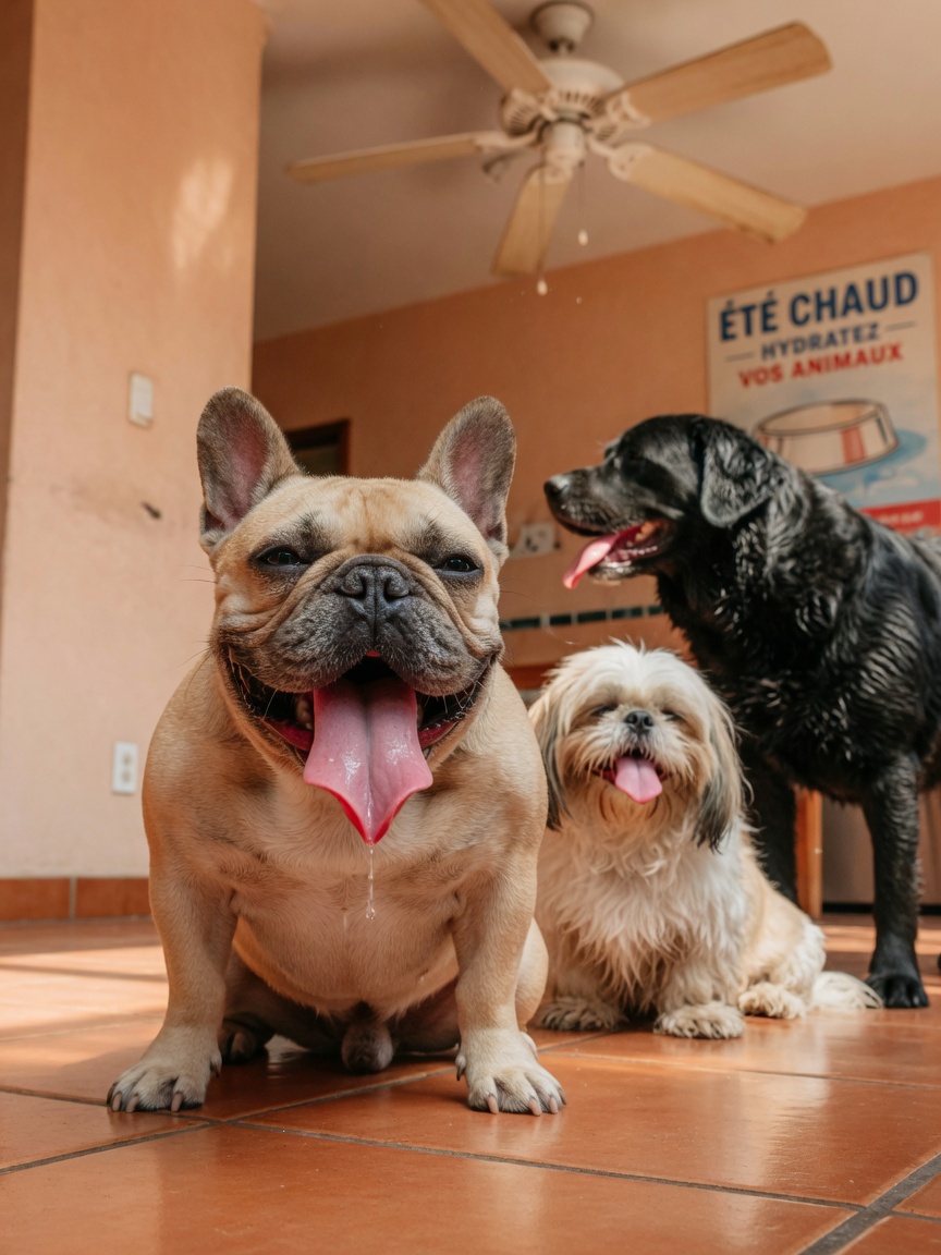 Tres razas de perros con alto riesgo de golpe de calor: Bulldog francés con cara plana y orejas erguidas jadeando pesadamente, Shih Tzu anciano con pelaje largo y Labrador de pelaje oscuro, todos mostrando signos de estrés por calor en un entorno interior cálido