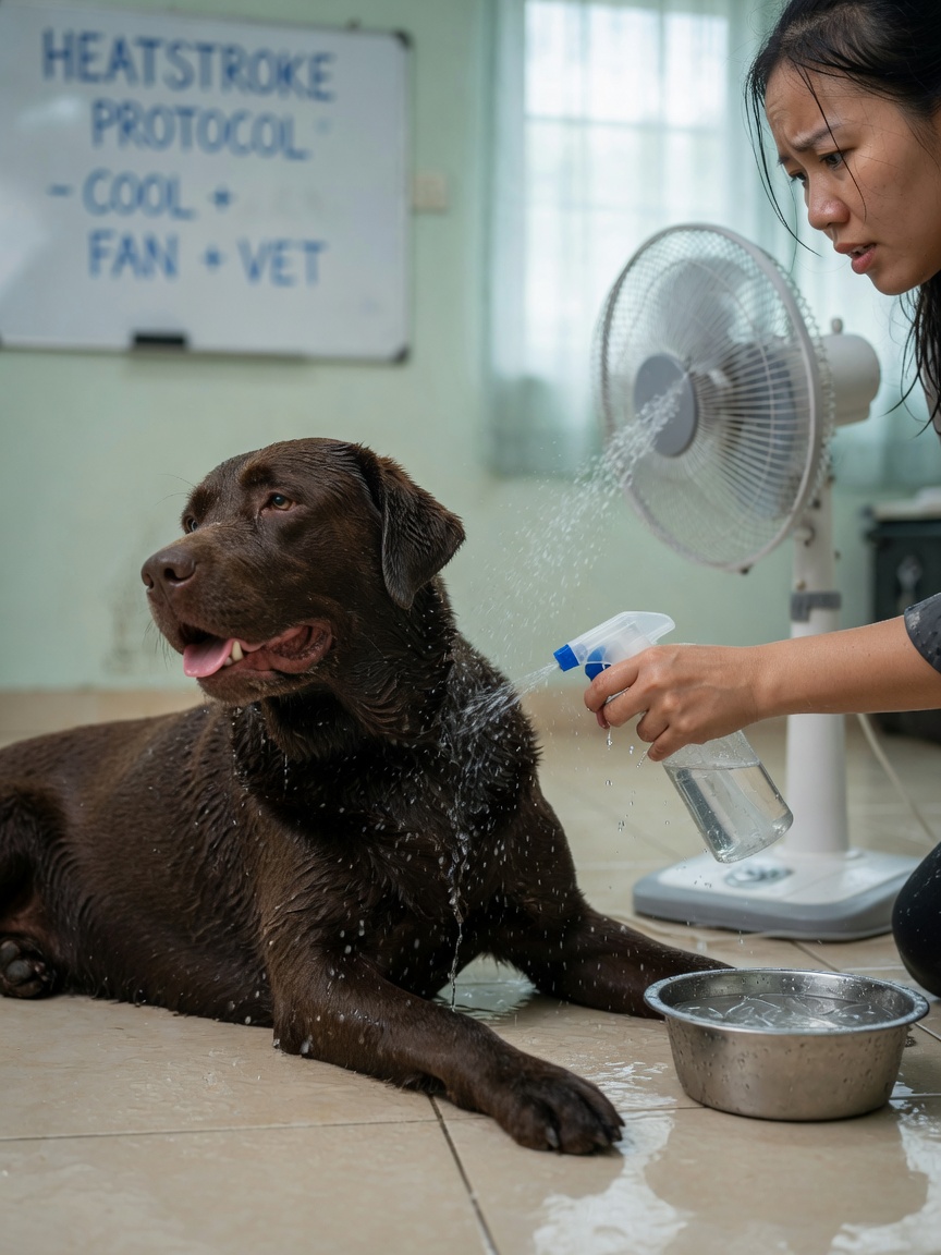 Dueño realizando protocolo de enfriamiento de emergencia en un Labrador Retriever colapsado usando spray de agua fresca del grifo en el cuello y axilas, con un ventilador cercano en una habitación con aire acondicionado para enfriamiento evaporativo