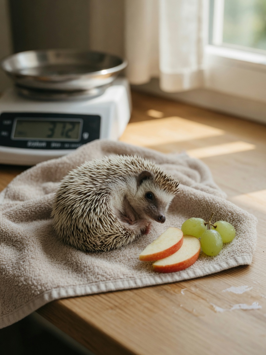 African pygmy hedgehog on towel with fruit nearby, illustrating improper diet misconception