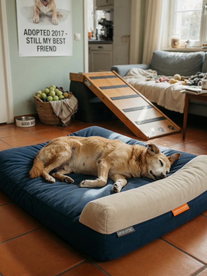 Senior dog resting on an orthopaedic memory foam bed with bolster sides, with a dog ramp visible in background for sofa access