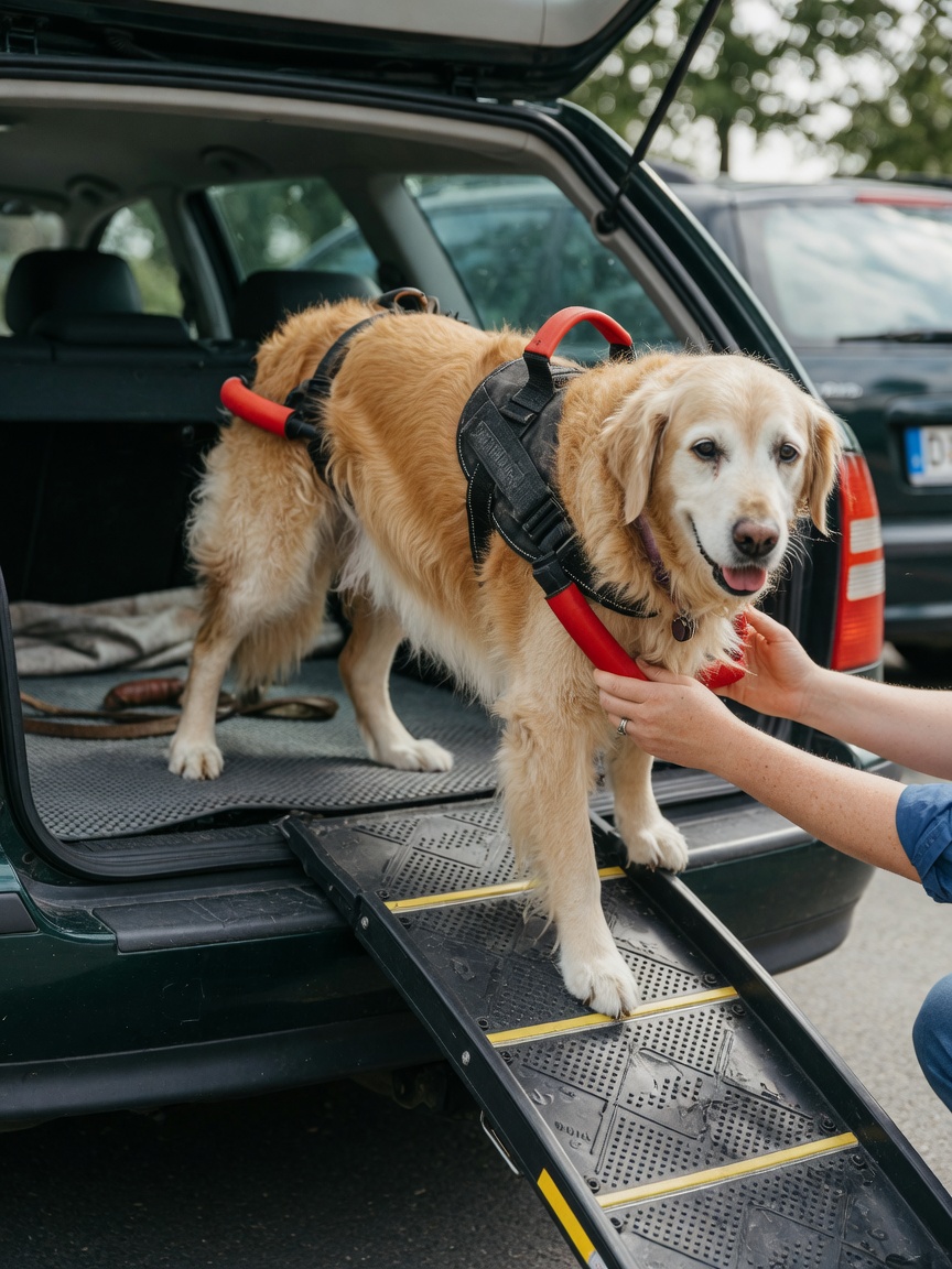 Elderly dog being assisted up a non-slip dog ramp into a vehicle using a mobility harness, with boot liner visible