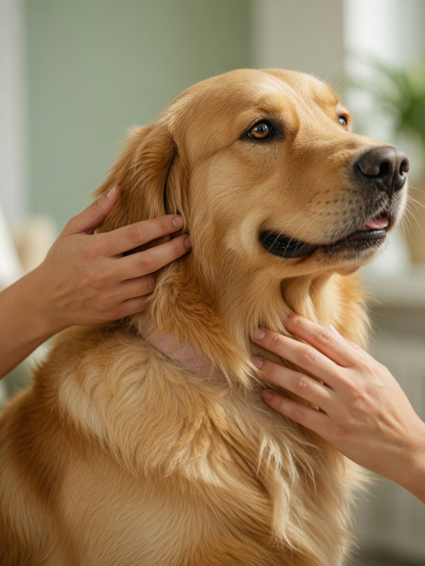 Close-up of a dog's healthy shiny coat and skin being stroked by owner's hands, showing improved coat quality