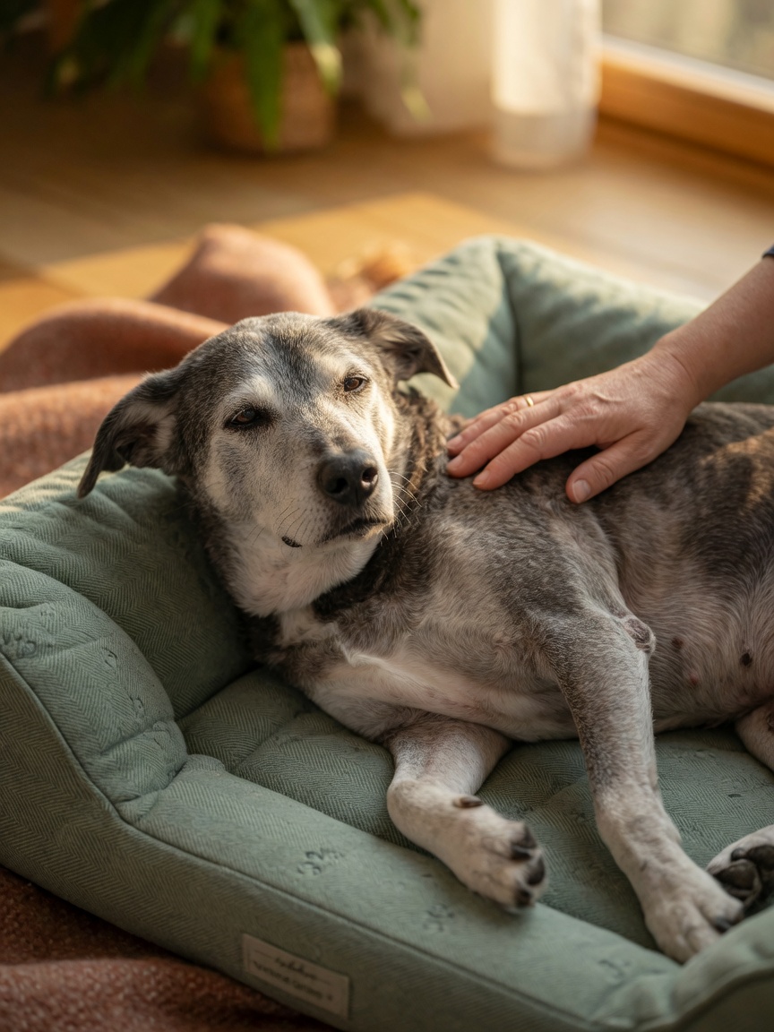 Elderly dog resting peacefully on an orthopedic bed with owner's hand gently supporting, conveying pain relief and comfort