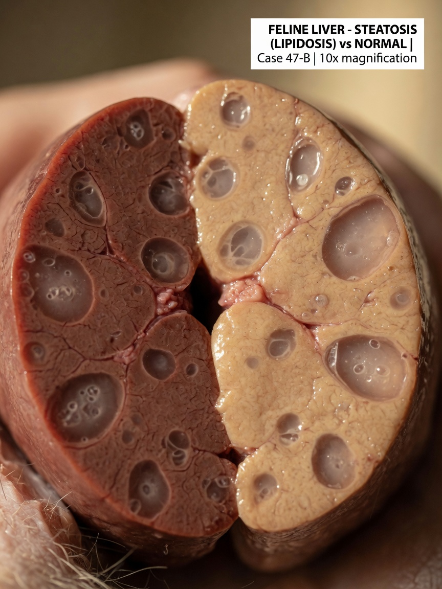 Veterinary pathology image showing fatty liver tissue infiltration in contrast to healthy tissue