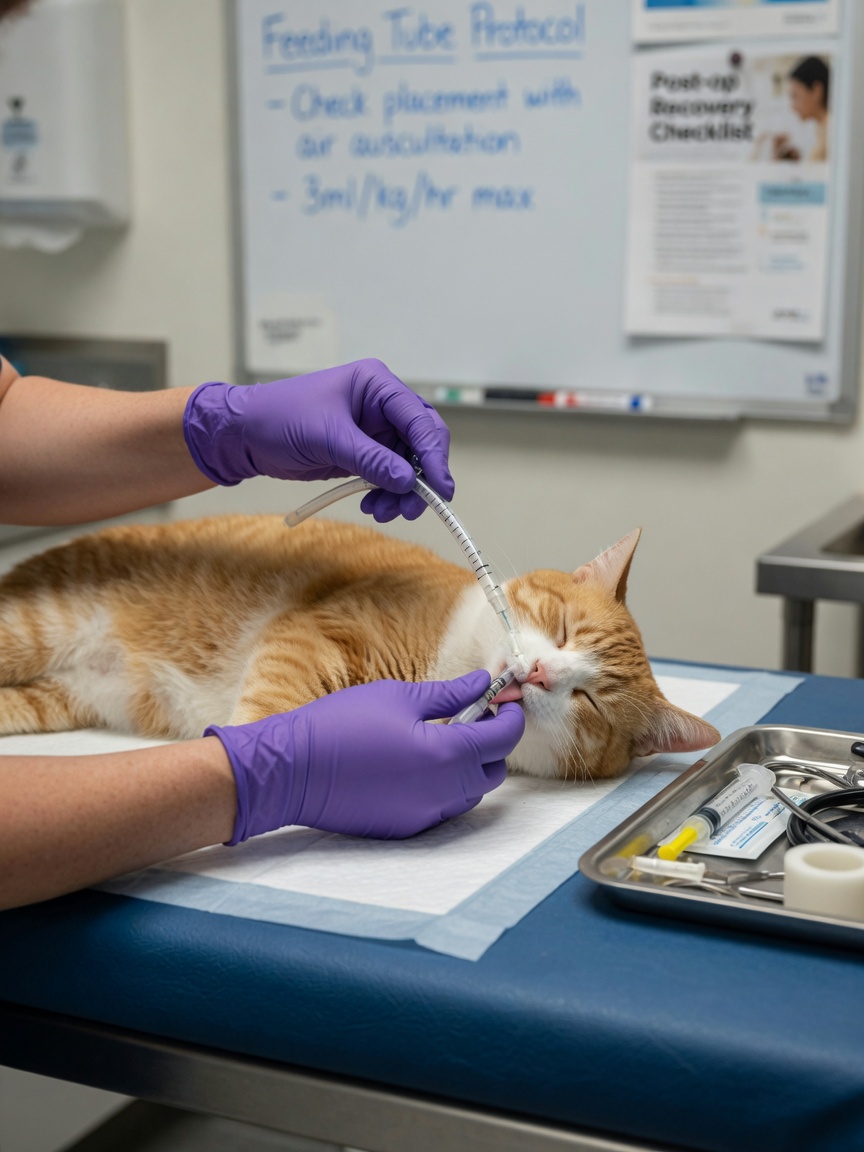 Veterinarian placing feeding tube in sedated tabby cat during clinical procedure
