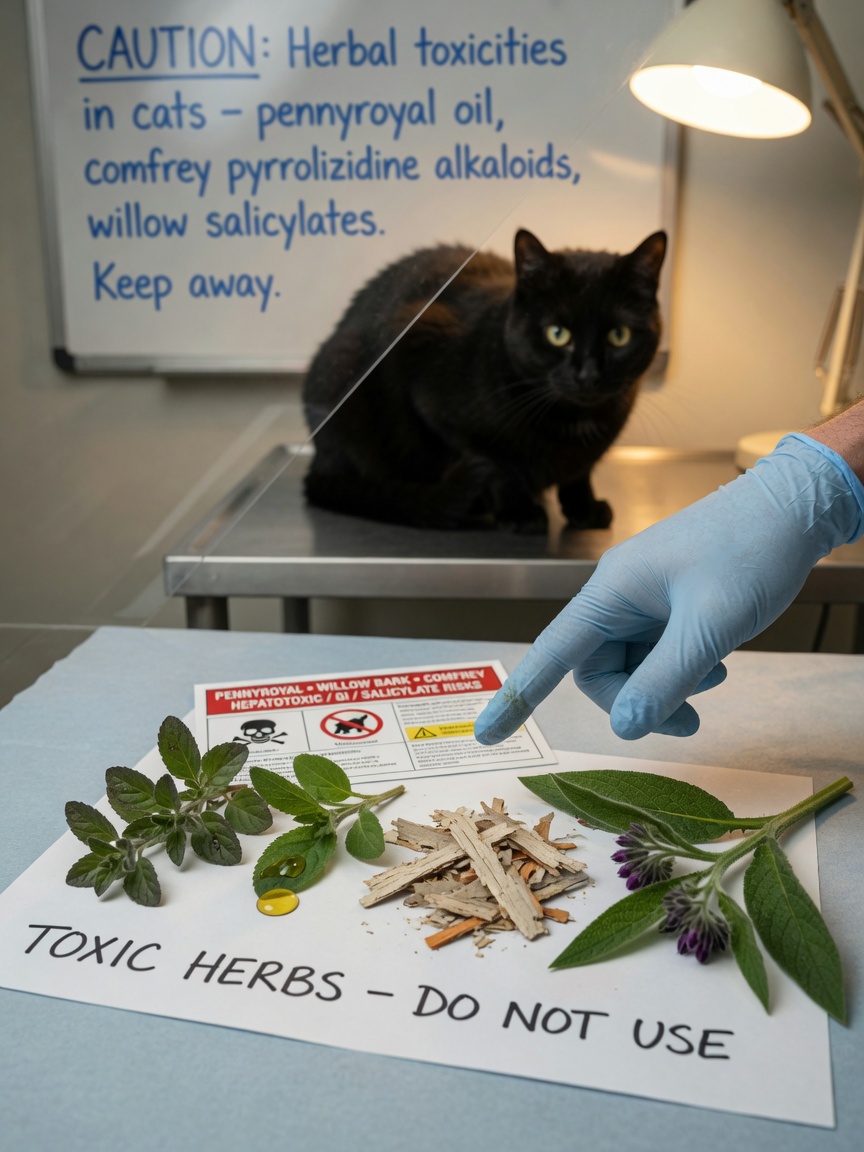 Veterinarian examining toxic herbs (pennyroyal, white willow, comfrey) with cautious black cat in background during consultation