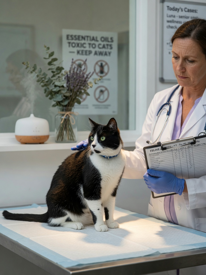 Veterinarian examining alert black and white cat with essential oils and herbs distantly visible on shelf, emphasizing feline safety concerns