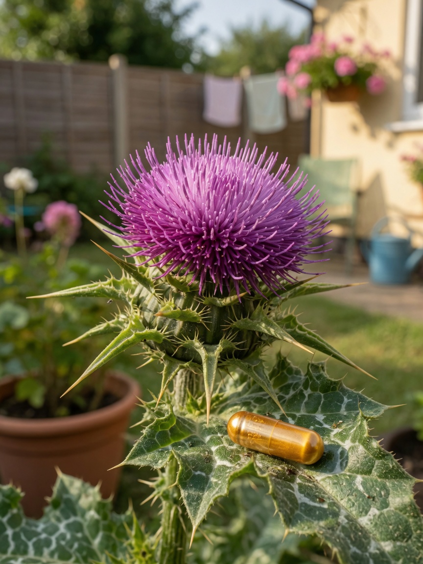 Milk thistle plant with purple flowers and supplement capsule