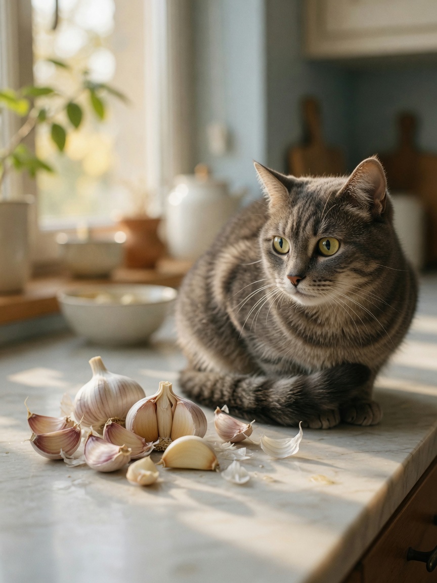Cat cautiously near fresh garlic on kitchen counter