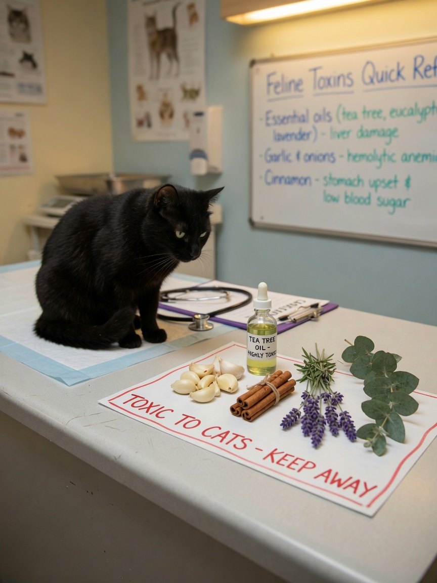 Toxic household items for cats including tea tree oil, garlic, cinnamon, and lavender arranged on a vet clinic table with a watchful black cat in the background