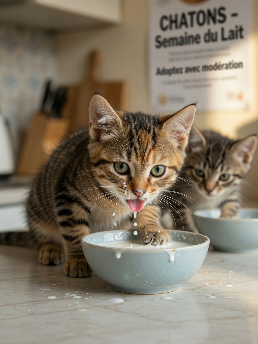 Gatito atigrado bebiendo leche rápidamente de un cuenco, demostrando comportamiento de comer rápido