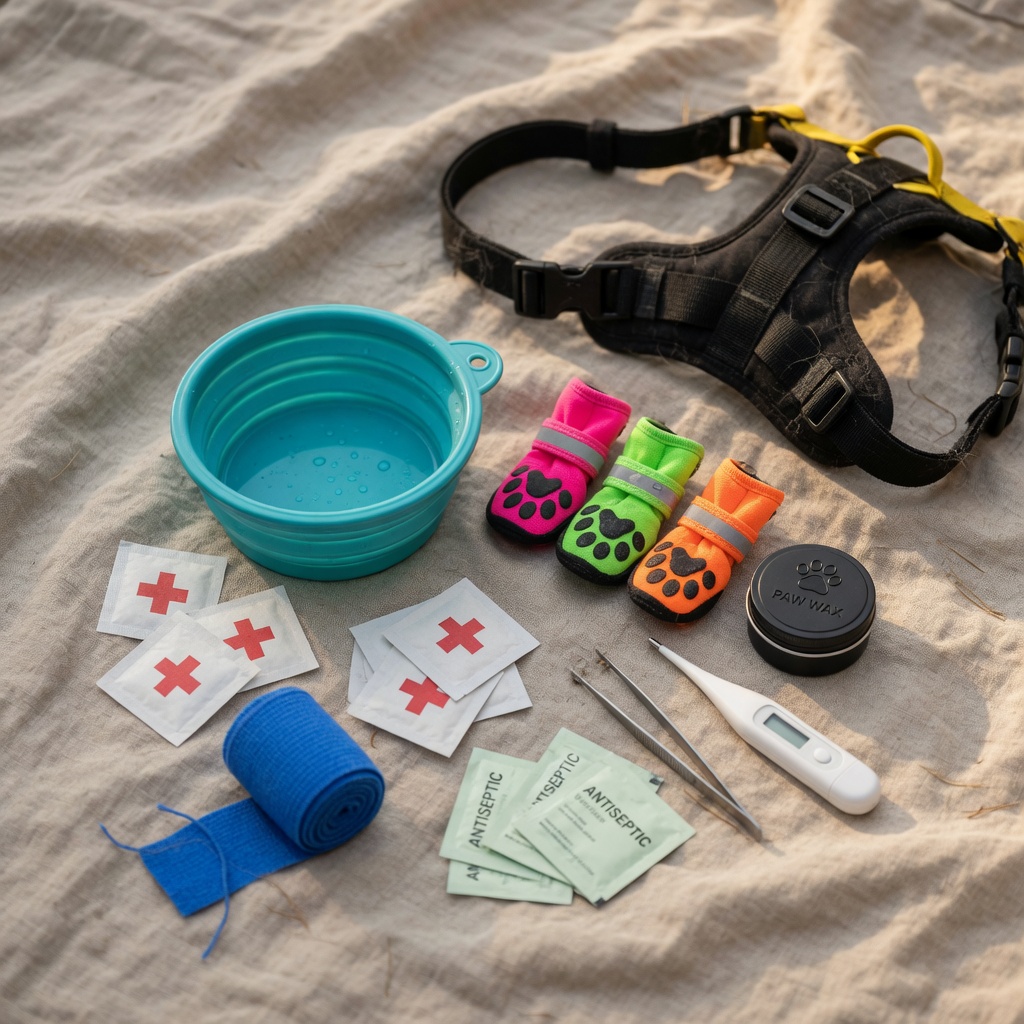 Hiking gear for dogs including water bowl, booties, harness, and first aid supplies arranged on cloth