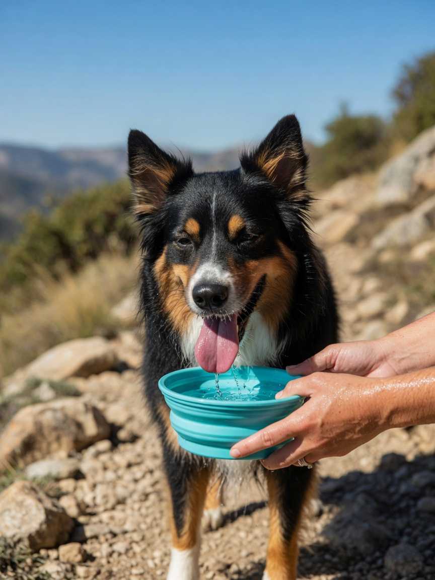Australian Shepherd drinking from a water bowl during a hot trail hike, panting heavily