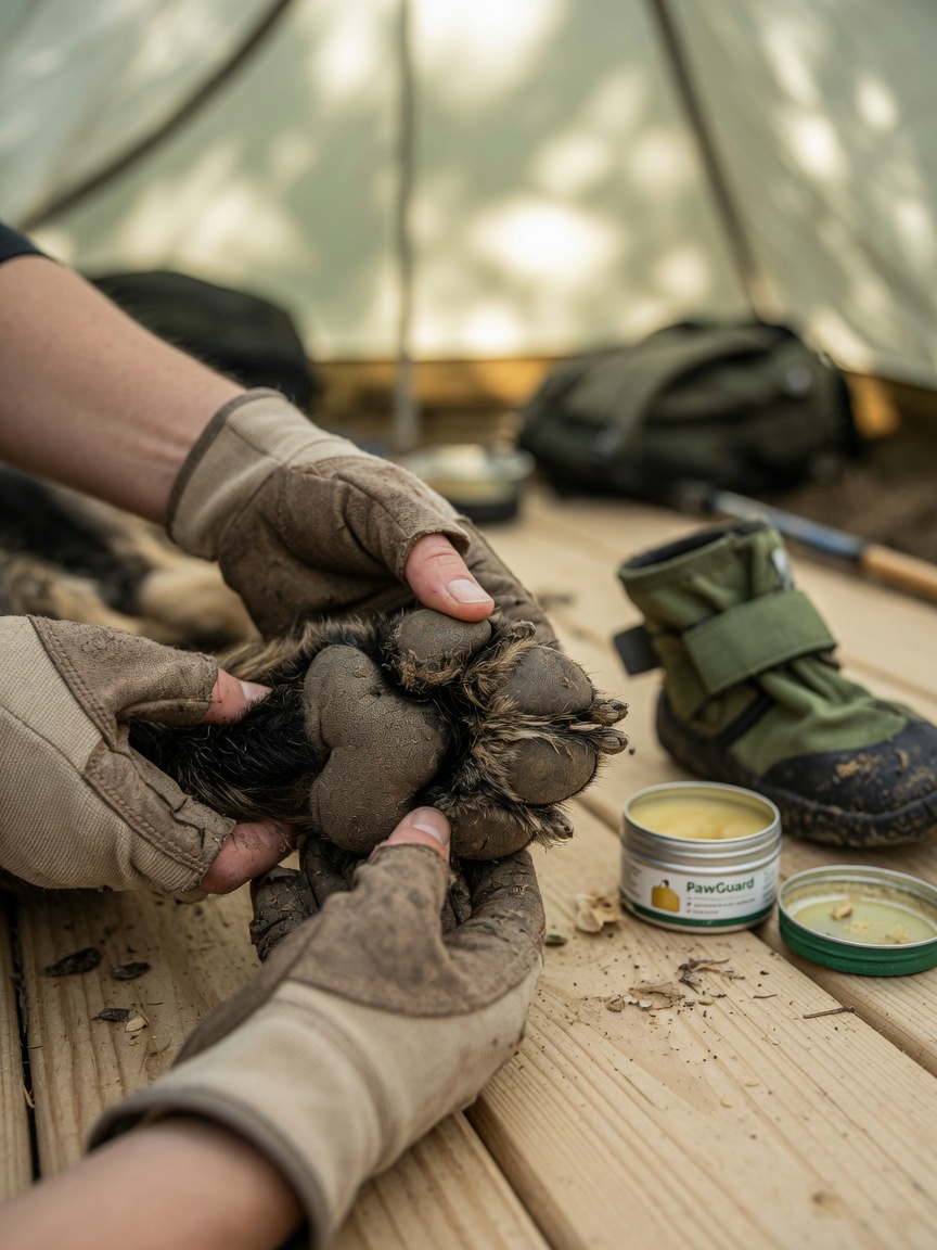 Owner inspecting a dog's paw pad on the trail with hiking gear nearby